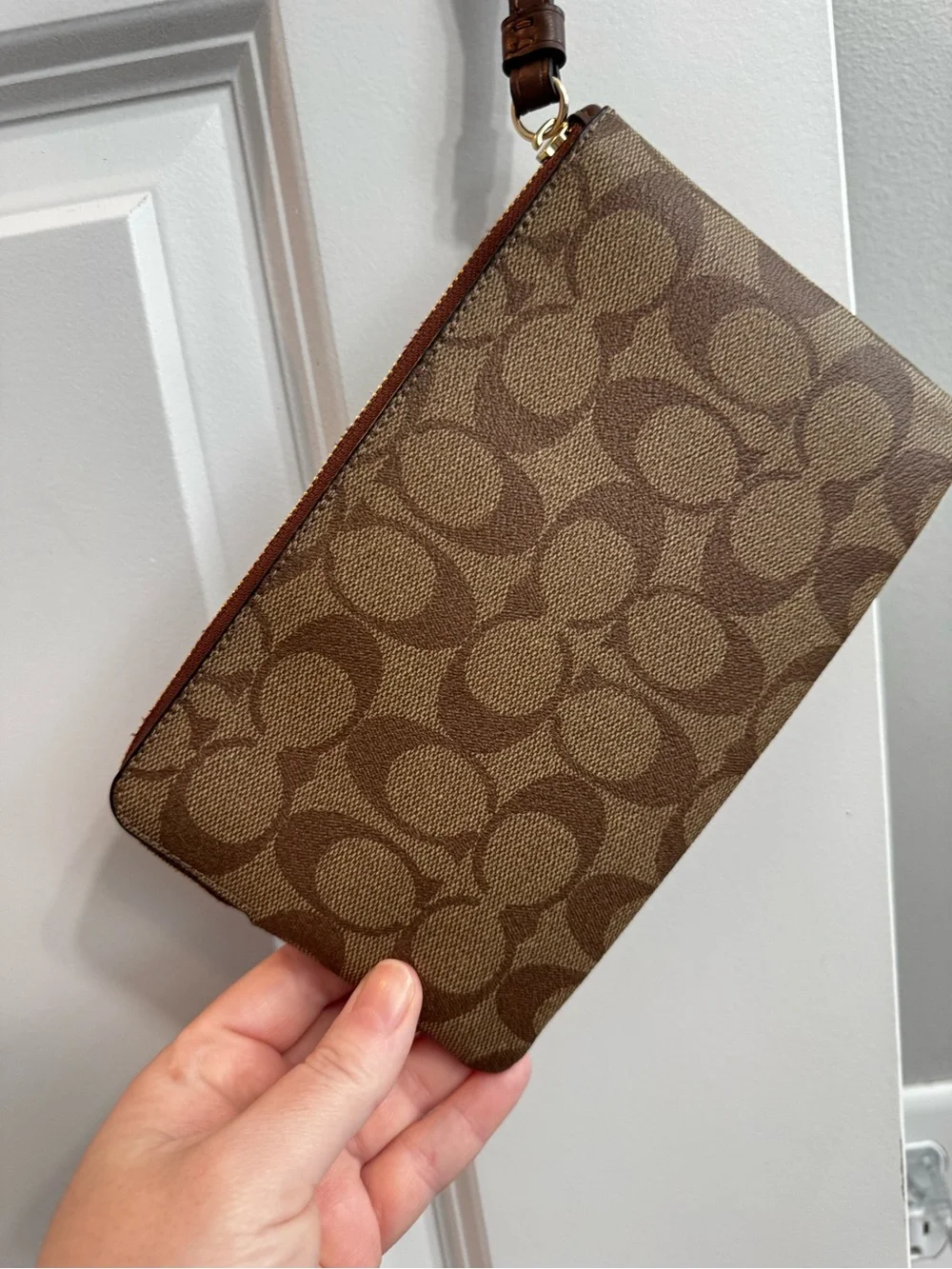 Coach Brown Signature Canvas Wristlet with Gold Logo